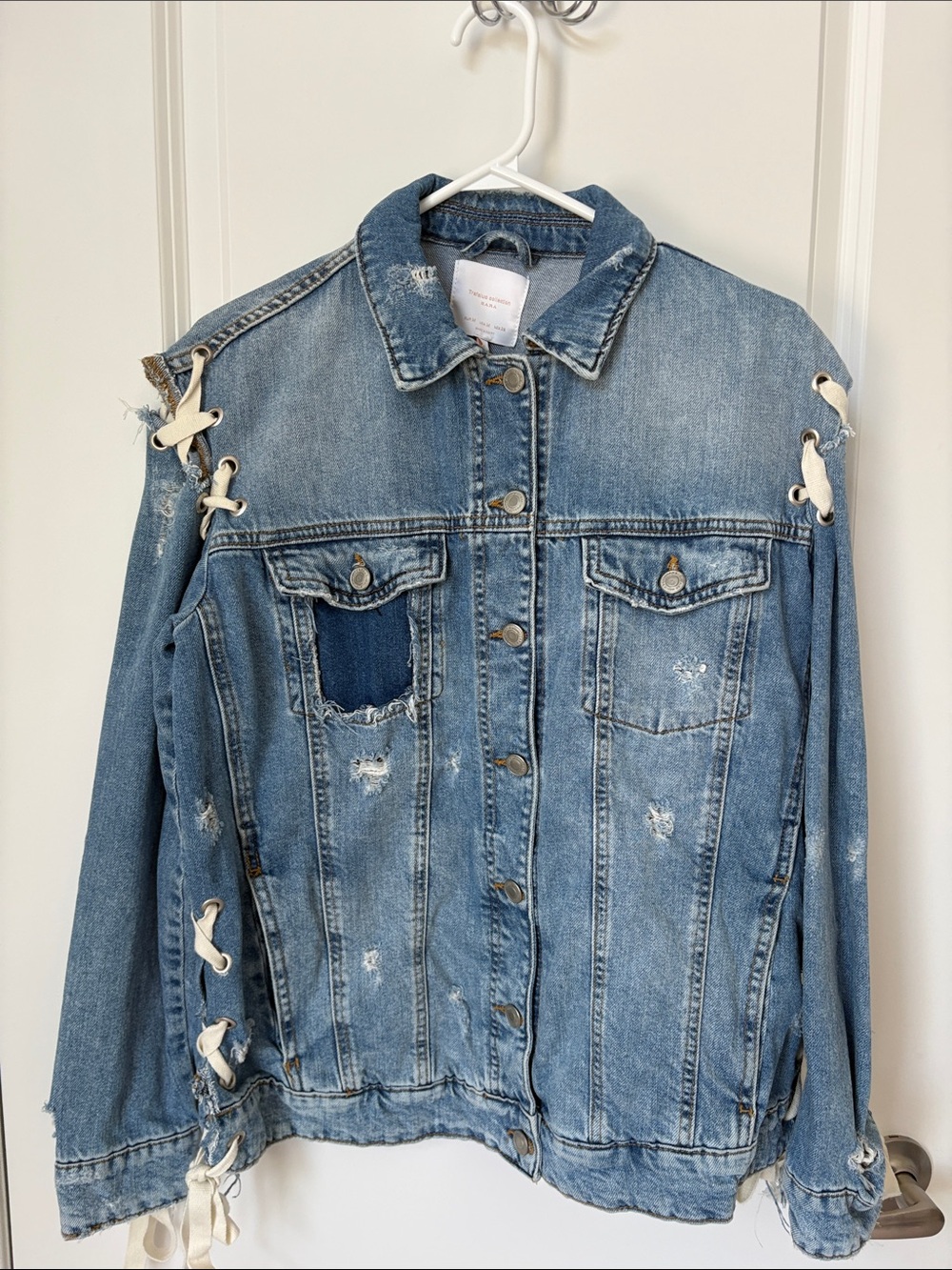 Zara Light Blue Distressed Denim Jacket with Lace-Up Accents